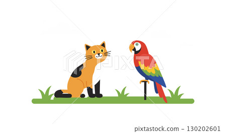 Cat and colorful parrot sitting on grass in simple flat vector illustration 130202601