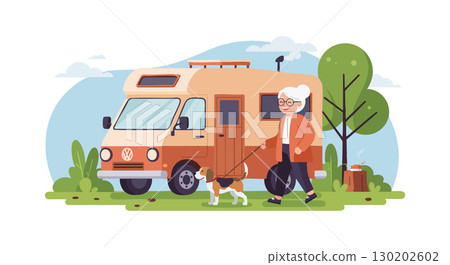 Senior woman walking dog near camper van in park with tree and bushes vector illustration 130202602
