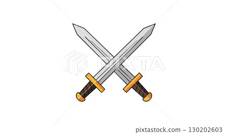 Crossed medieval swords with brown handles and golden guards vector illustration 130202603