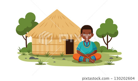 African Village Hut with Smiling Boy Sitting Cross Legged Outdoors Natural Setting 130202604