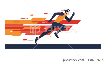 Athlete sprinting fast with motion effect in orange and red sportswear vector illustration Athlete sprinting fast with motion effect in orange and red sportswear vector illustration 130202614