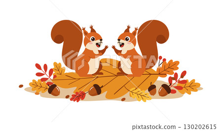 Two squirrels sitting on autumn leaves with acorns vector illustration in orange and brown colors 130202615