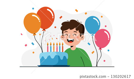 Happy boy celebrating birthday with cake candles balloons and confetti festive scene 130202617