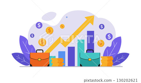 Business growth concept with briefcases, coins, and bar chart financial increase vector illustration Business growth concept with briefcases, coins, and bar chart financial increase vector illustration 130202621
