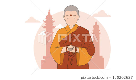 Buddhist monk in traditional robe with temple silhouette background vector illustration Buddhist monk in traditional robe with temple silhouette background vector illustration 130202627