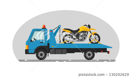 Tow truck carrying yellow motorcycle on flatbed vector illustration in urban setting 130202629