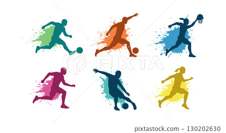 Dynamic colorful male soccer players kicking and running vector illustration in action 130202630
