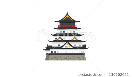 Traditional Japanese Castle with Multi-Tiered Roof and Stone Base Vector Illustration 130202631