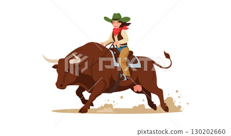 Cowboy riding brown bull in rodeo event with dust vector illustration 130202660