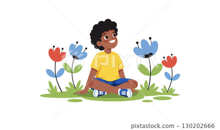 Child Sitting Cross Legged Among Colorful Flowers Vector Illustration 130202666