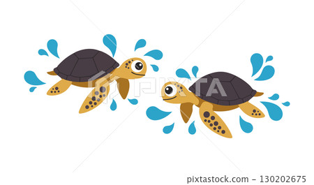 Two playful sea turtles swimming with water splashes in cartoon style vector illustration 130202675