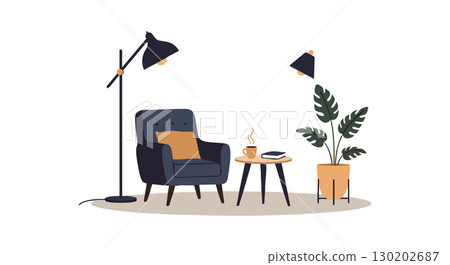 Modern living room interior with armchair floor lamp plant and side table vector illustration 130202687