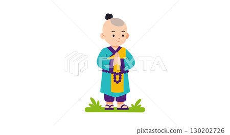 Buddhist monk standing in traditional robes holding prayer beads vector illustration 130202726
