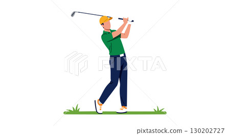 Golfer in green shirt swinging golf club on grass vector illustration 130202727