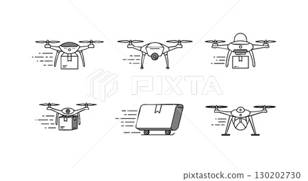 Delivery drone flying fast with parcel and package vector illustration set Delivery drone flying fast with parcel and package vector illustration set 130202730