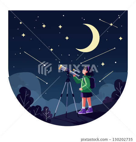Girl Stargazing Using Telescope Under Crescent Moon and Shooting Stars at Night Sky 130202735