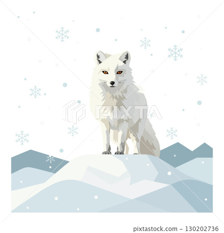 Arctic fox standing on snowy mountain with snowflakes falling winter scene vector illustration Arctic fox standing on snowy mountain with snowflakes falling winter scene vector illustration 130202736