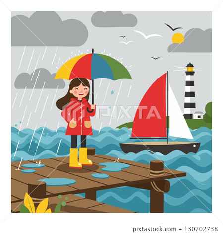 Girl standing on wooden dock with colorful umbrella and red sailboat near lighthouse in rainy weather 130202738