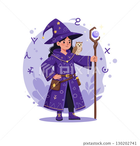 Wizard character in purple robe with magical staff and owl fantasy illustration vector 130202741