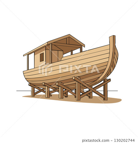 Wooden boat under construction on wooden stands vector illustration natural colors 130202744