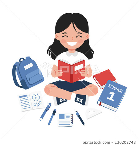 Happy schoolgirl reading book with scattered study supplies and backpack vector illustration Happy schoolgirl reading book with scattered study supplies and backpack vector illustration 130202748