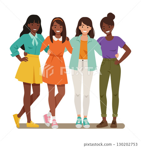 Diverse group of young women standing together smiling in casual colorful clothing vector illustration Diverse group of young women standing together smiling in casual colorful clothing vector illustration 130202753