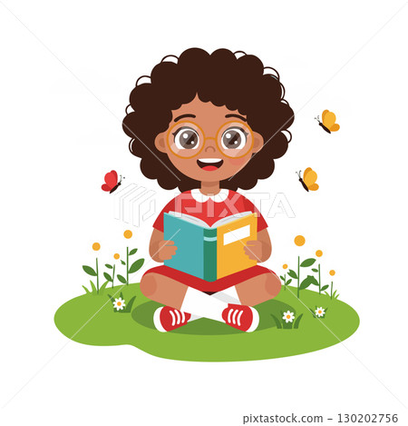 Child reading book outdoors surrounded by butterflies and flowers in green grass vector illustration Child reading book outdoors surrounded by butterflies and flowers in green grass vector illustration 130202756