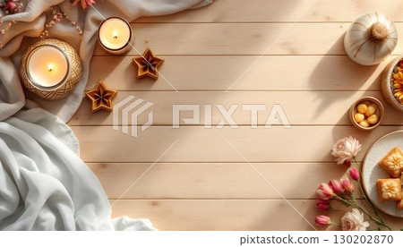 A flat lay depiction of a Ramadan table embellished with dates and a lantern, perfect for celebrating Ramadan Kareem 130202870