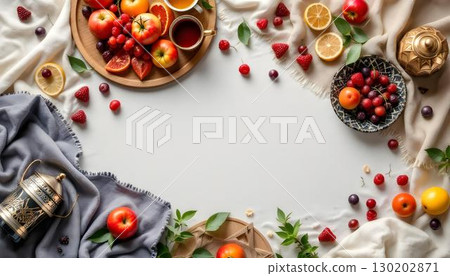 A flat lay of a Ramadan table adorned with dates and a lantern, creating a festive Ramadan Kareem atmosphere 130202871