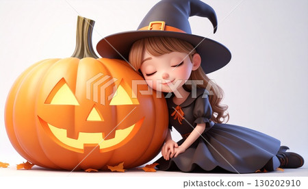 3D illustration of a cute girl dressed as a Halloween witch sleeping next to a pumpkin jack-o'-lantern 130202910
