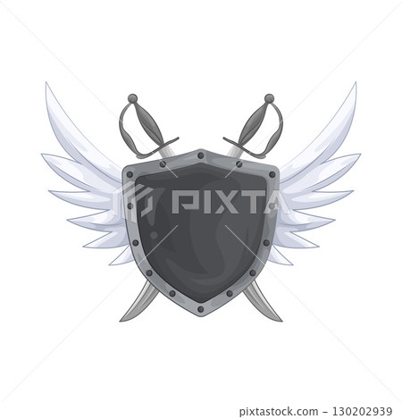 Illustration of Winged shield with crossed swords Illustration of Winged shield with crossed swords 130202939