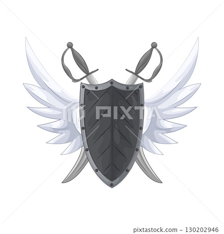 Illustration of Winged shield with crossed swords Illustration of Winged shield with crossed swords 130202946