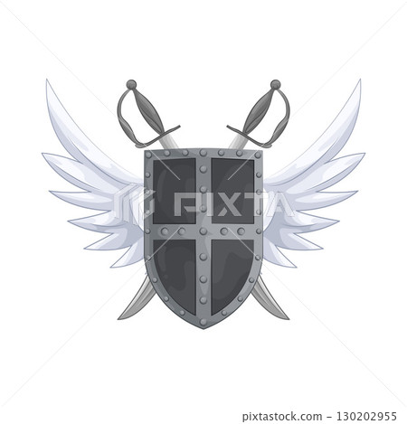 Illustration of Winged shield with crossed swords Illustration of Winged shield with crossed swords 130202955