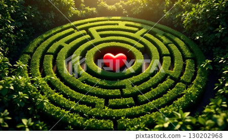 A red heart at the heart of a maze, symbolizing the challenging journey of love within a labyrinth A red heart at the heart of a maze, symbolizing the challenging journey of love within a labyrinth 130202968