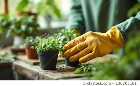 A woman in yellow gloves is nurturing her plants, developing a garden abundant in plant-based food A woman in yellow gloves is nurturing her plants, developing a garden abundant in plant-based food 130203161