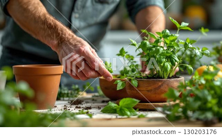 A man carefully picks fresh herbs from a pot, emphasizing his focus on plant-based food preparation 130203176