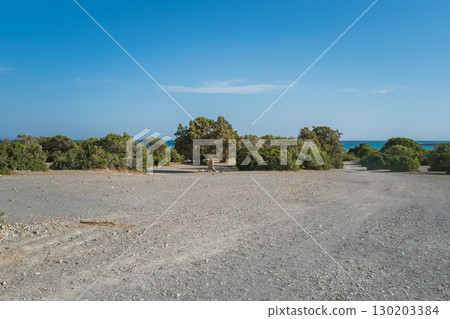Road section before the beautiful Elafonisi beach with pink sand in Crete 130203384