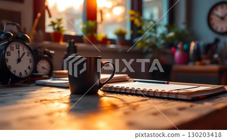 An office desk presenting a coffee cup, a notebook, and a selection of office supplies to foster productivity 130203418