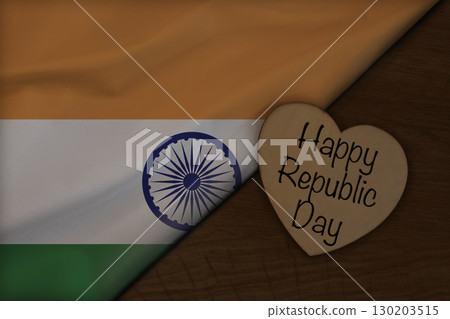 Indian flag on wooden surface with Happy Republic Day on wooden heart Indian flag on wooden surface with Happy Republic Day on wooden heart 130203515