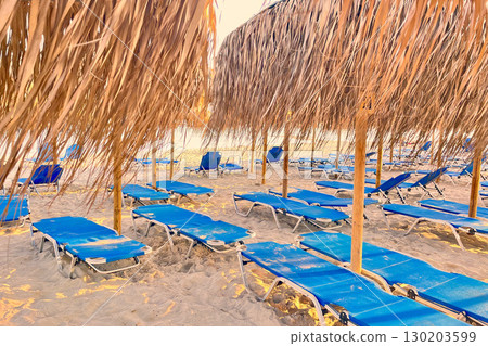 Disorderly loungers and tropical umbrellas on Elafonisi coast, Crete Disorderly loungers and tropical umbrellas on Elafonisi coast, Crete 130203599