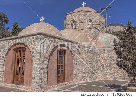 Beautiful and cozy Monastery of Prophet Elias in Santorini, the highest point of the island Beautiful and cozy Monastery of Prophet Elias in Santorini, the highest point of the island 130203603