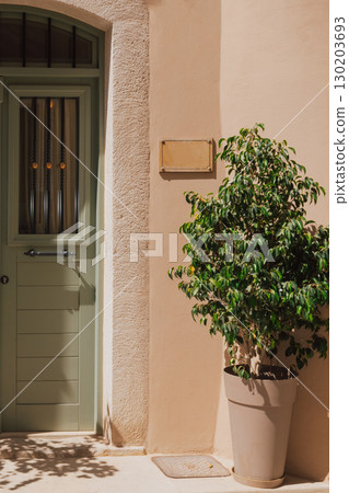 Ficus in a flower pot near an olive colored front door, Mediterranean style of the old town of Rethymno, cozy entrance area 130203693