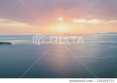 Incredible sunset over Santorini Greece, drone view 130203715