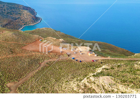 Free dirt parking area near Balos Bay, Crete - aerial view 130203771