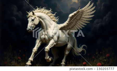 A white pegasus with splendid wings is displayed against a dark background, symbolizing fantasy and awe 130203777