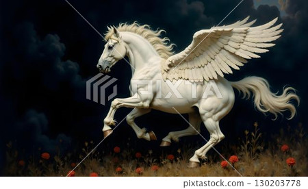 A breathtaking white pegasus with wings is portrayed on a black canvas, representing beauty and mythical grace 130203778