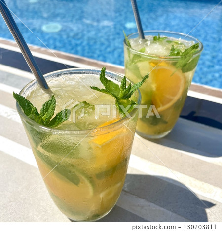 Refreshing Orange Mojito by the Pool 130203811