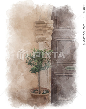Olive tree in a clay pot near an entrance door. Digital watercolor illustration on texture 130203898
