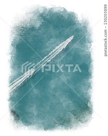 A boat sailing on the sea leaving trails on the water. Digital watercolor illustration on texture A boat sailing on the sea leaving trails on the water. Digital watercolor illustration on texture 130203899