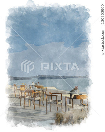 Cozy cafe in Santorini with a fantastic view of the sea. Digital watercolor illustration on texture Cozy cafe in Santorini with a fantastic view of the sea. Digital watercolor illustration on texture 130203900